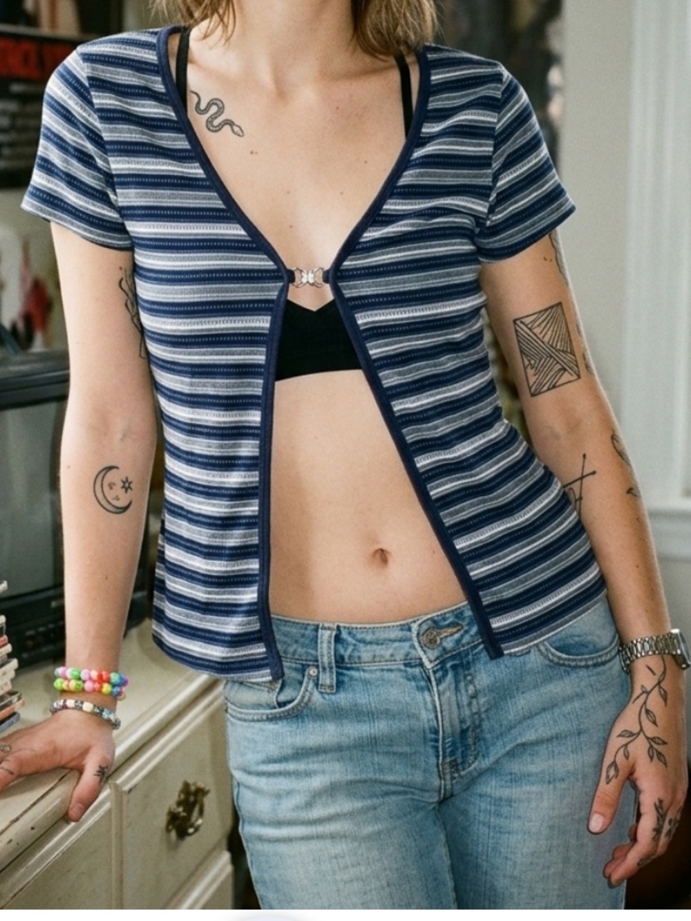 Vintage 90s Backstage by Signal USA Striped Butterfly Clasp Ribbed Top Y2K